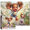 Happy Girl Daisy Field Puppy Joy Jigsaw Puzzle