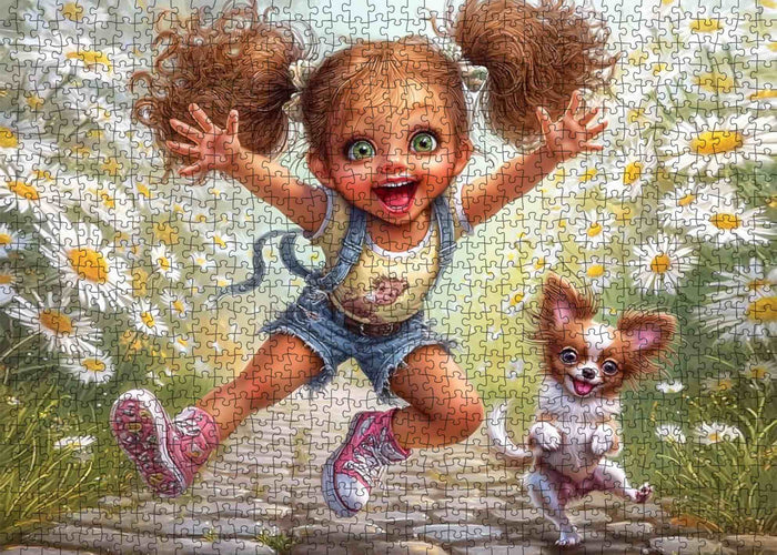 Happy Girl Daisy Field Puppy Joy Jigsaw Puzzle