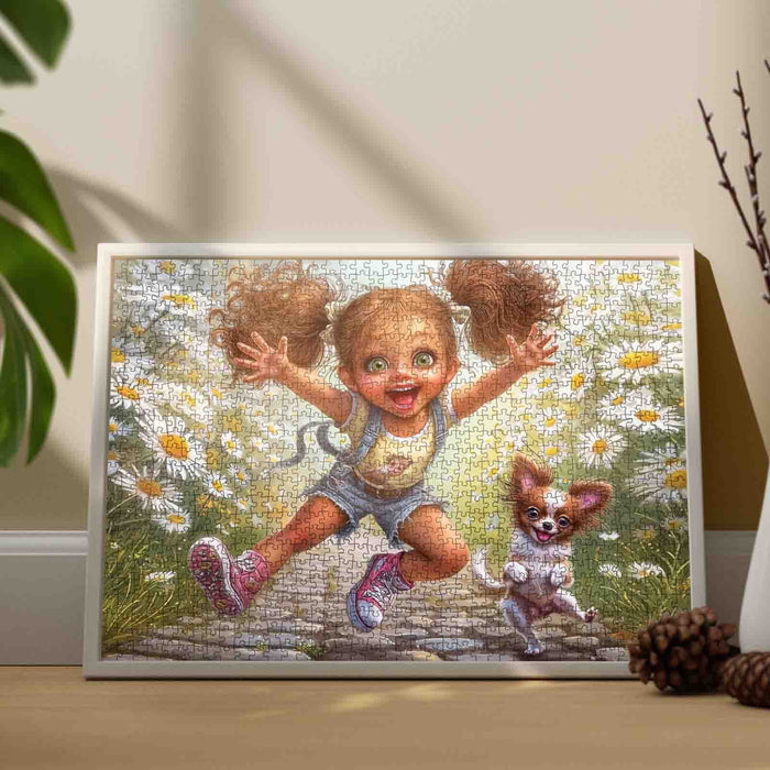 Happy Girl Daisy Field Puppy Joy Jigsaw Puzzle