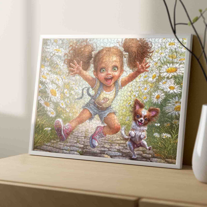 Happy Girl Daisy Field Puppy Joy Jigsaw Puzzle
