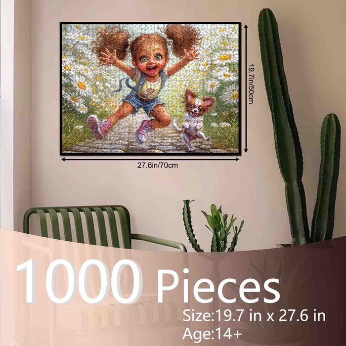Happy Girl Daisy Field Puppy Joy Jigsaw Puzzle