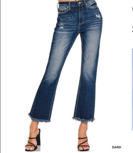 High Rise Straight Raw Hem Cropped Jean with Dark Wash