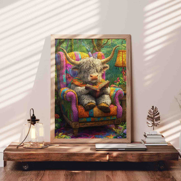 Highland Cow Reading in Armchair Jigsaw Puzzle