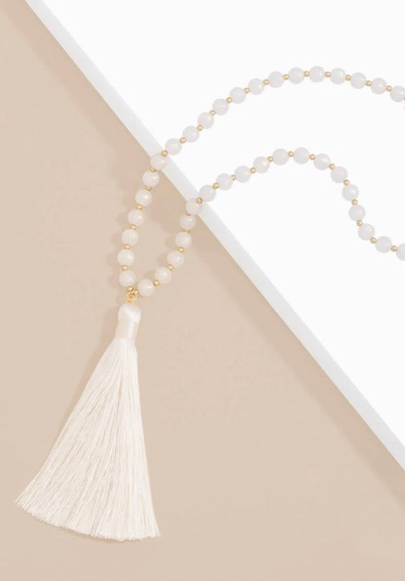 Iridescent beaded tassel long necklace