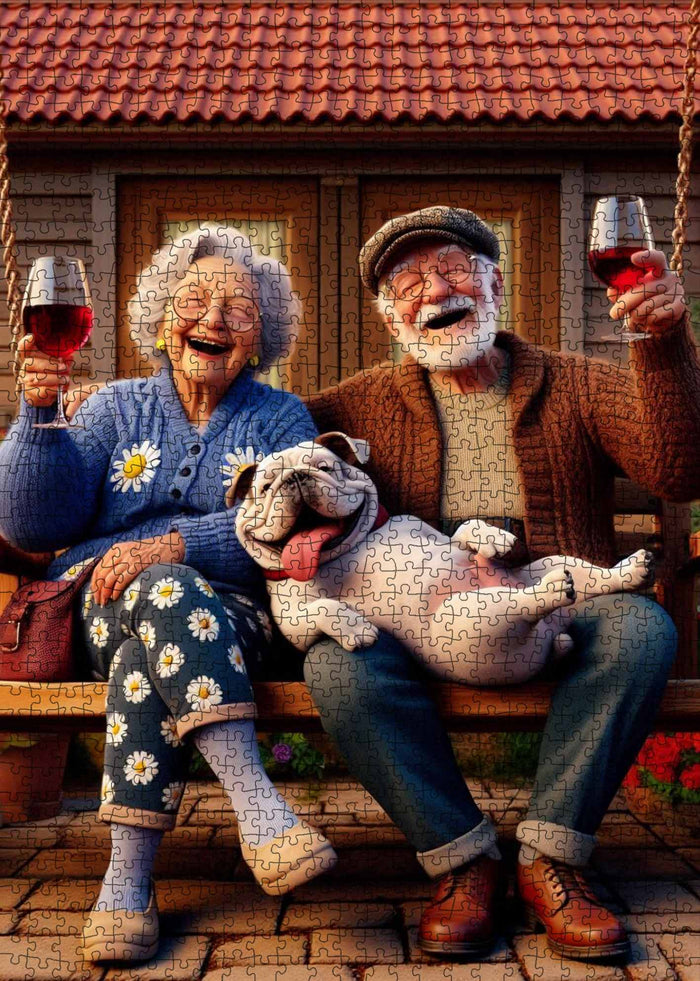 Joyful Elderly Couple With Dog Jigsaw Puzzle