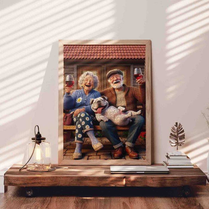 Joyful Elderly Couple With Dog Jigsaw Puzzle