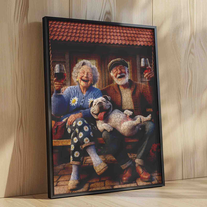 Joyful Elderly Couple With Dog Jigsaw Puzzle