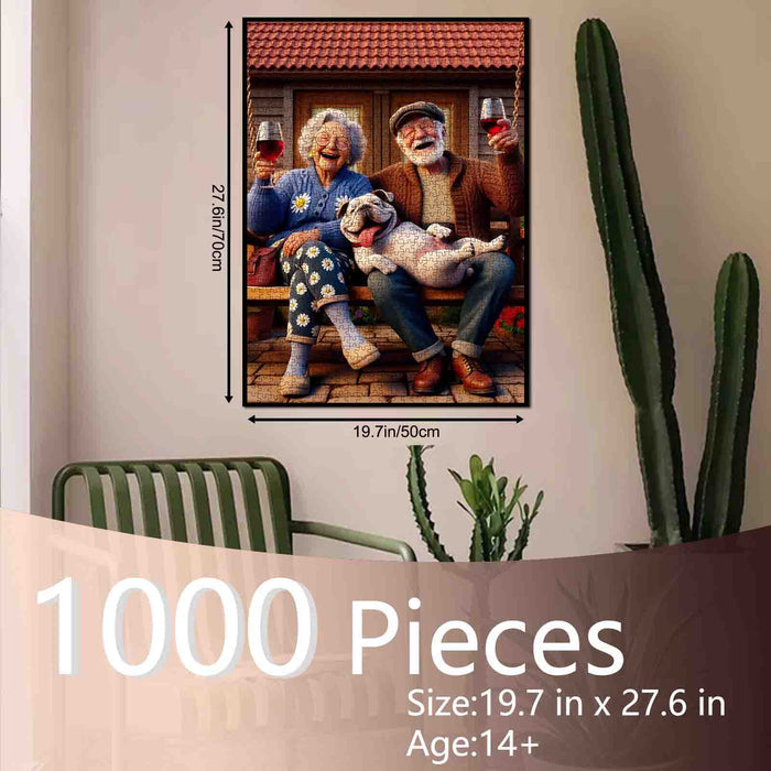 Joyful Elderly Couple With Dog Jigsaw Puzzle