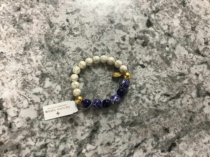 Lapis&blue&white handpainted porcelain stretch bracelet