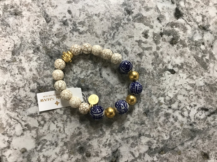 Lapis&blue&white handpainted porcelain stretch bracelet