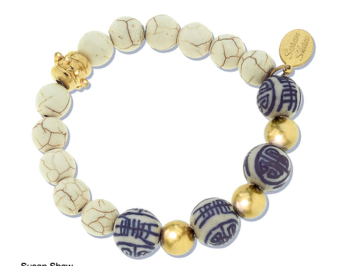 Lapis&blue&white handpainted porcelain stretch bracelet