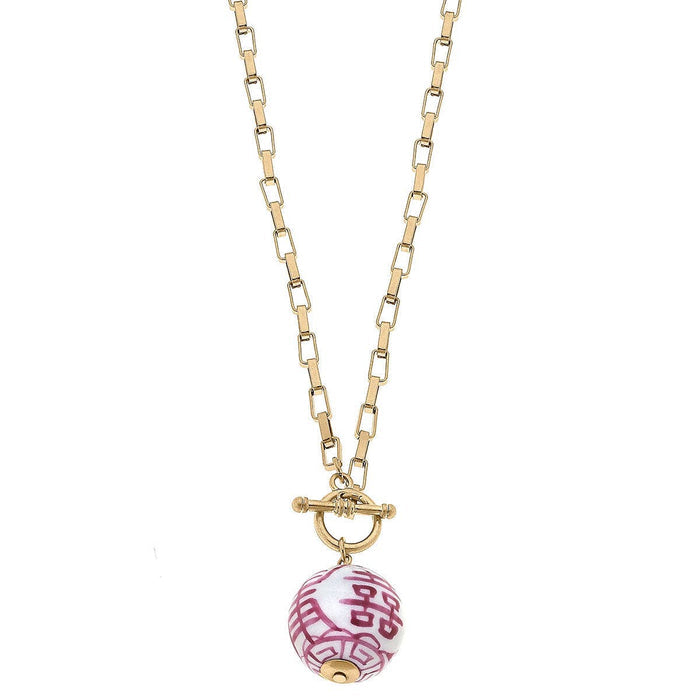 Laurel Chinoiserie T-Bar Necklace in Pink & White