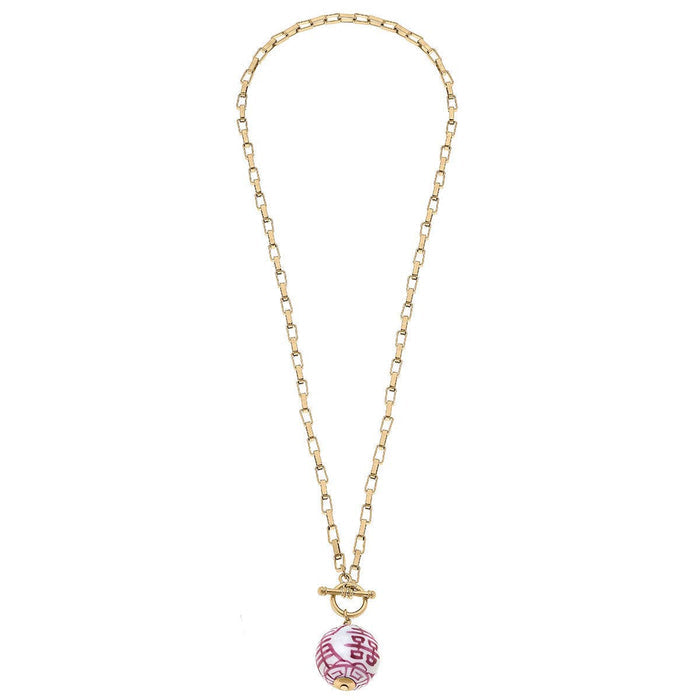 Laurel Chinoiserie T-Bar Necklace in Pink & White