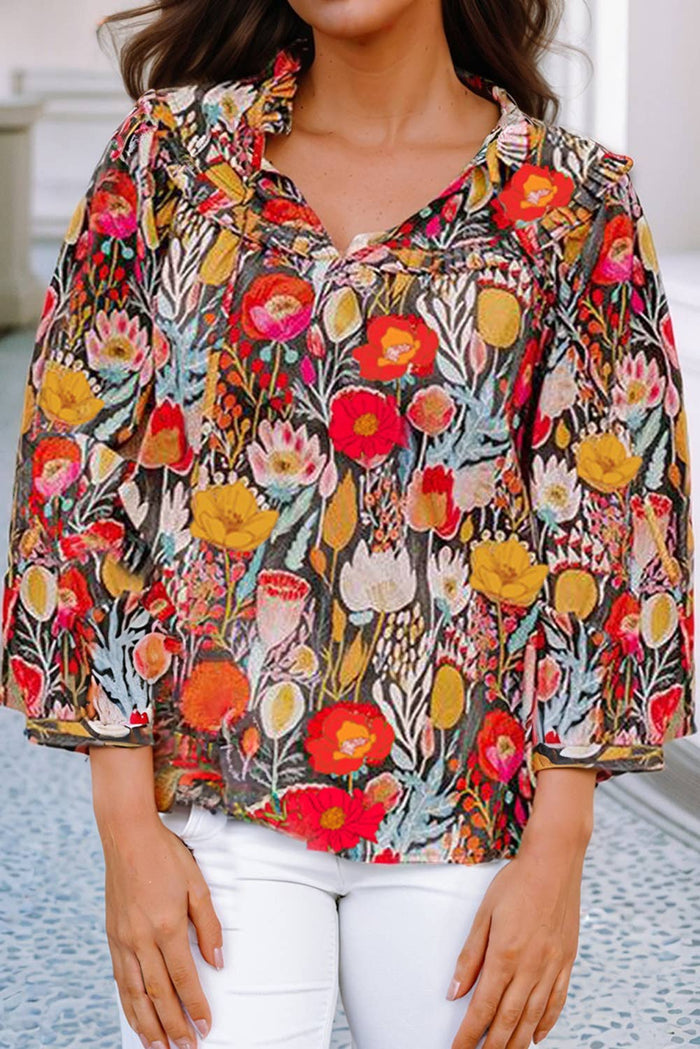 LDC Floral 3/4 Puff Sleeve Tied Neck Blouse