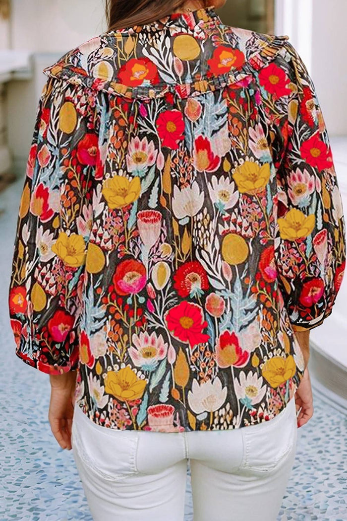 LDC Floral 3/4 Puff Sleeve Tied Neck Blouse