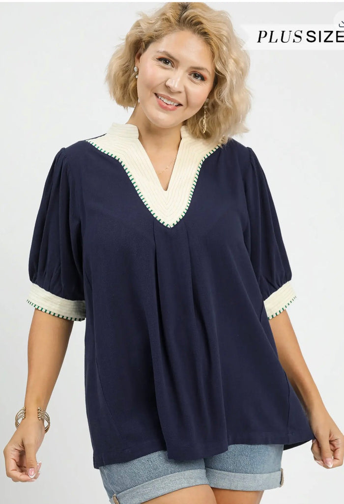 Linen Blend Contrast Trim Top