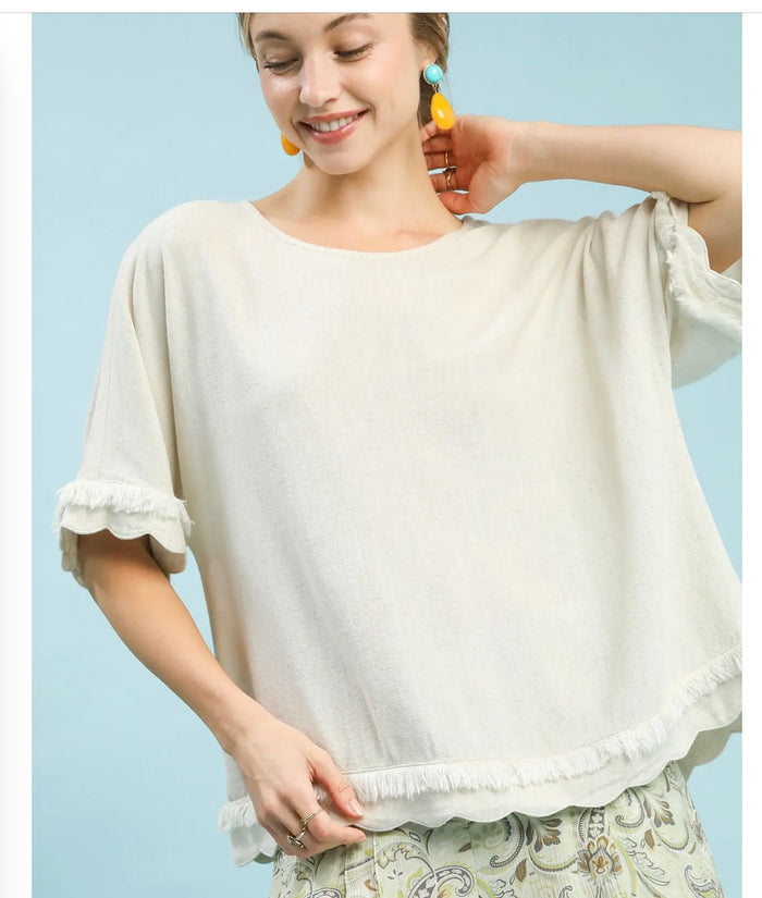 Linen Frayed Hem Scallop Edge Top