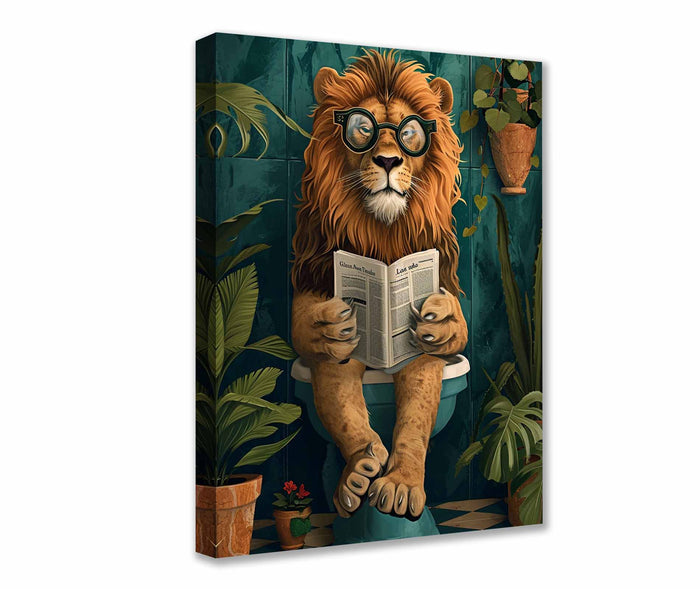 Lion Reading Newspaper on Toilet Canvas Wall Art