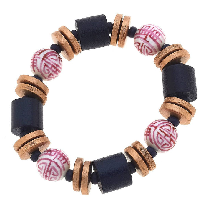 Lorelei Pink & White Chinoiserie & Painted Wood Stretch Bracelet in Navy