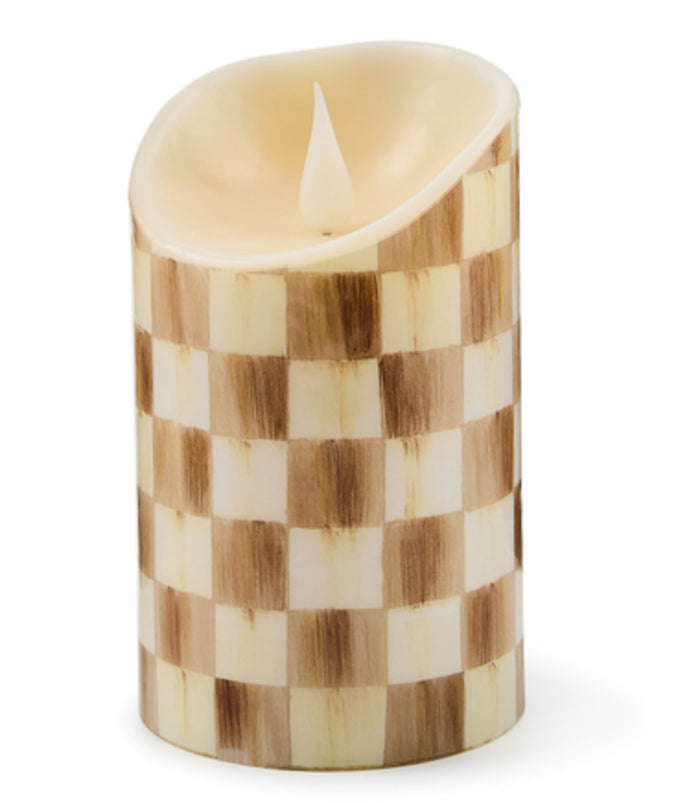 Mackenzie Childs mocha check flameless 5" pillar candle