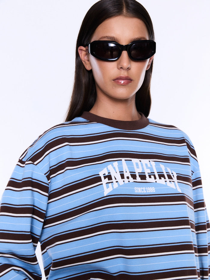 Maria Boxy Long Sleeve Tee - Blue/Brown Stripe