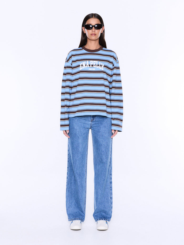 Maria Boxy Long Sleeve Tee - Blue/Brown Stripe