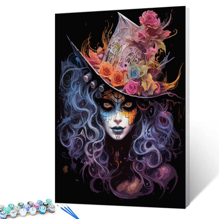 Mystic Woman with Floral Skull Hat Paint by Numbers
