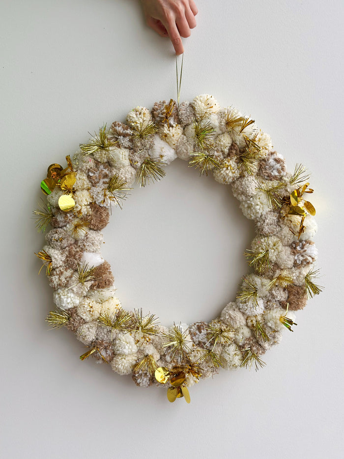 Natural + Gold Pom Pom Christmas Wreath - Large