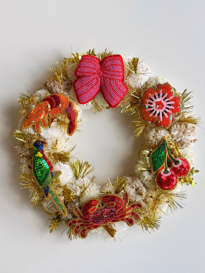 Natural + Gold Pom Pom Christmas Wreath - Large