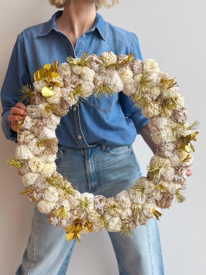 Natural + Gold Pom Pom Christmas Wreath - Large