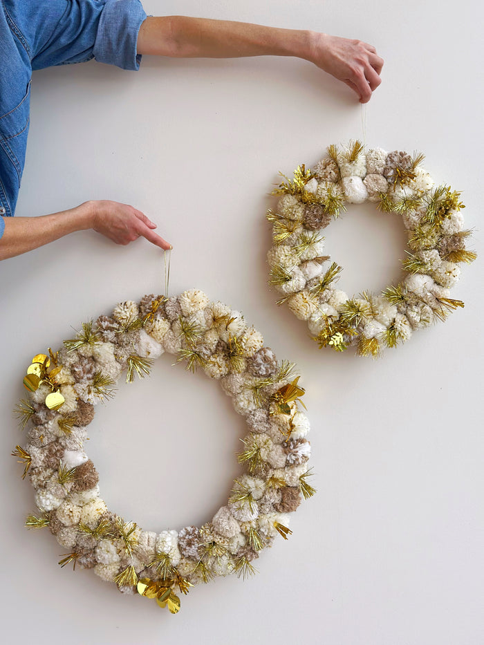 Natural + Gold Pom Pom Christmas Wreath - Large