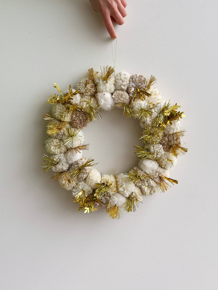 Natural + Gold Pom Pom Christmas Wreath - Small