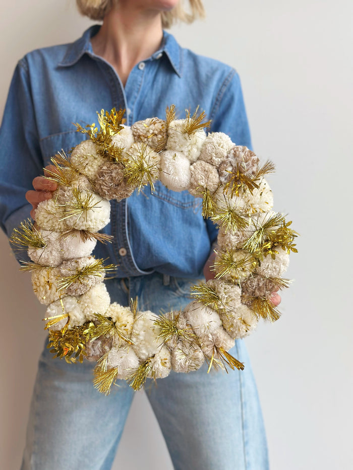 Natural + Gold Pom Pom Christmas Wreath - Small