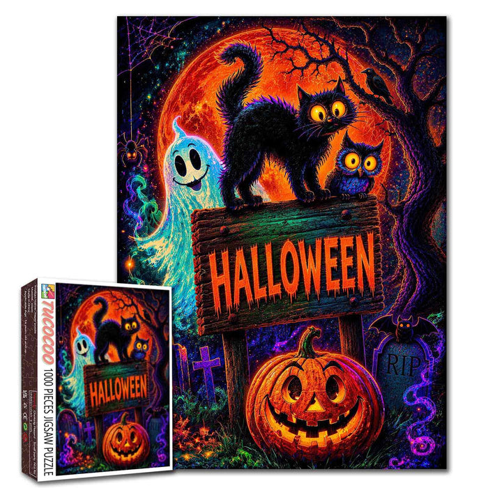 Neon Black Cat Halloween Night Jigsaw Puzzle
