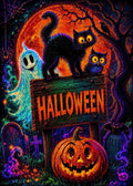 Neon Black Cat Halloween Night Jigsaw Puzzle