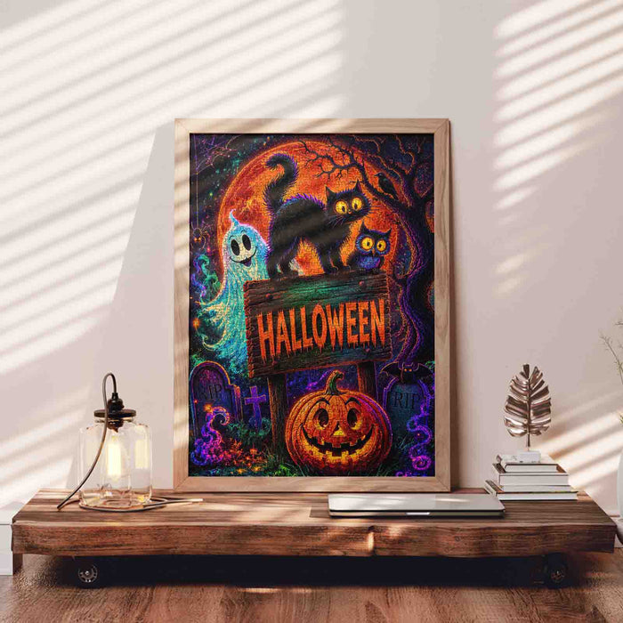 Neon Black Cat Halloween Night Jigsaw Puzzle