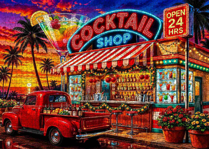 Neon Cocktail Sunset Bar Jigsaw Puzzle