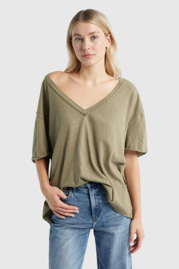 Nina V Neck Tee - Olive Stone