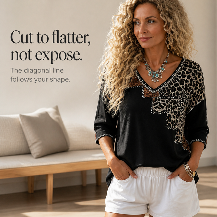 Noirprint – Leopard Patchwork Embellished V-Neck Blouse