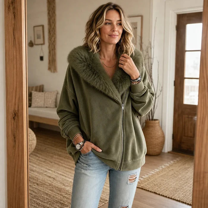 Olivelle – Olive Velvet Faux-Fur Collar Zip-Up Jacket