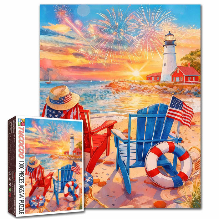 Patriotic Lighthouse Beach Jigsaw Puzzle