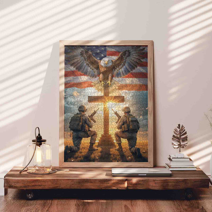 Patriotic Soldiers Prayer Eagle Cross American Flag Jigsaw Puzzle