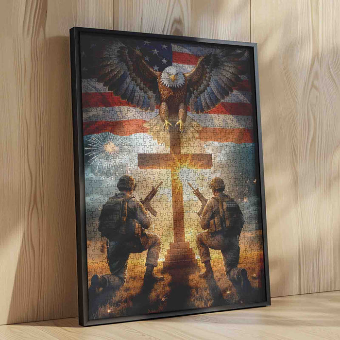 Patriotic Soldiers Prayer Eagle Cross American Flag Jigsaw Puzzle