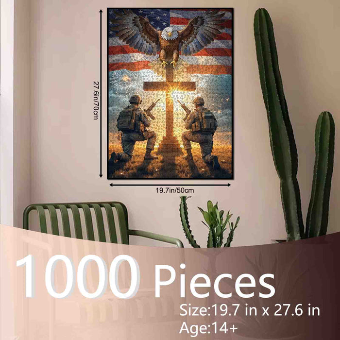 Patriotic Soldiers Prayer Eagle Cross American Flag Jigsaw Puzzle