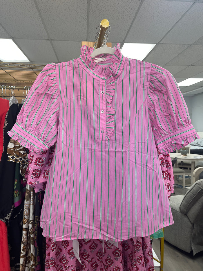 Pink and green stripe blouse