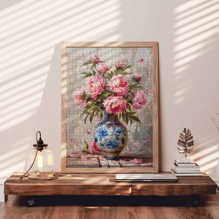 Pink Blossom Bouquet in Blue Porcelain Vase Jigsaw Puzzle