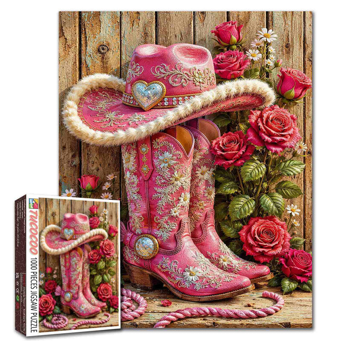 Pink Cowgirl Boots and Roses Jigsaw Puzzle