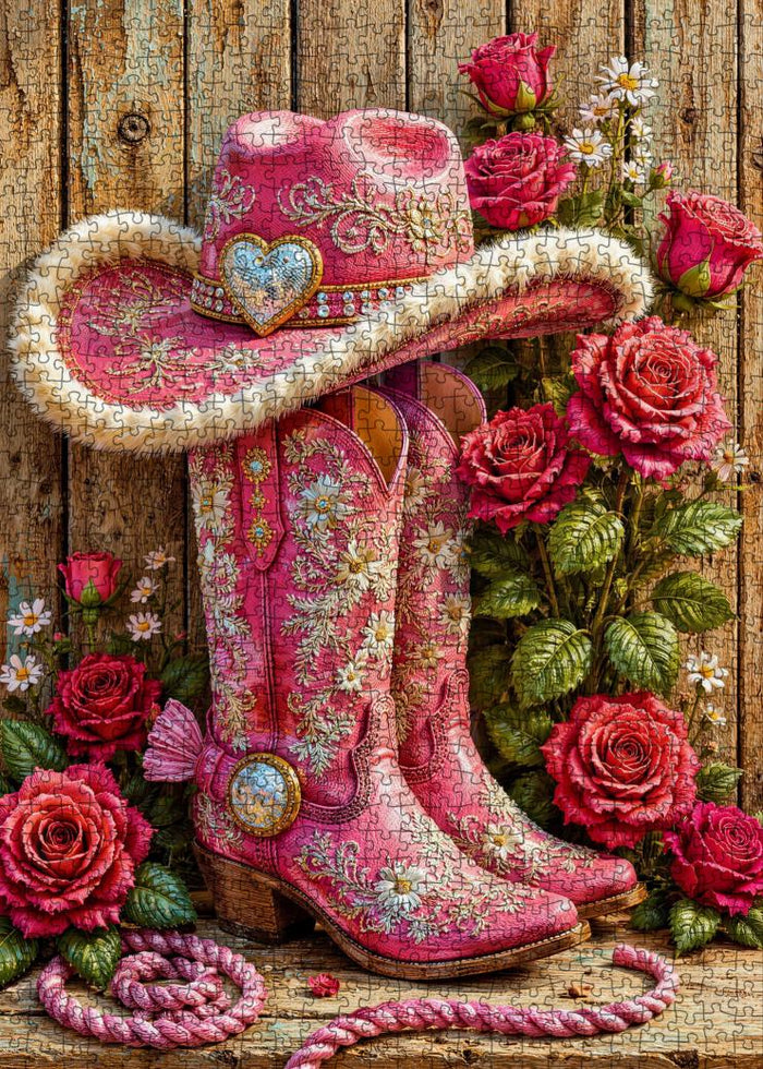 Pink Cowgirl Boots and Roses Jigsaw Puzzle