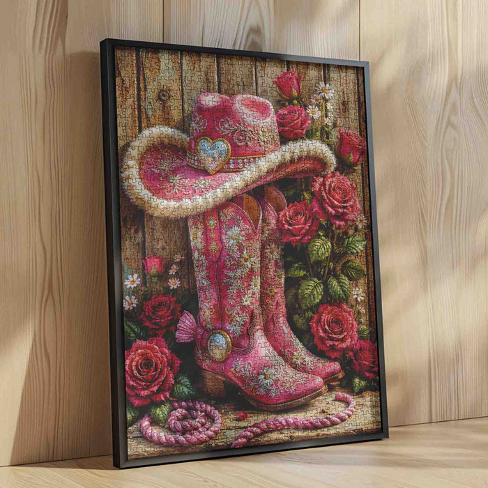 Pink Cowgirl Boots and Roses Jigsaw Puzzle