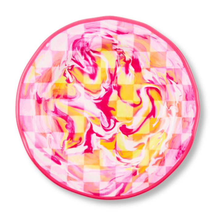 pink marble check melamine dinner plate